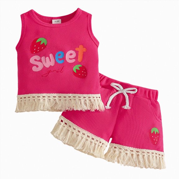 Xyant Toddler Baby Girl Summer Clothes Sweet Girl Strawberry Sleeveless Shirt Shorts Set Infant Cute Summer Outfits (Hot Pink,12-18 Months)