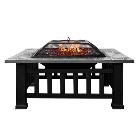 32"Metal Square Patio Fire pit Table BBQ Garden Stove with Spark Screen, Cover, Log Grate and Poker for Warmth, BBQ and Cooling Drinks