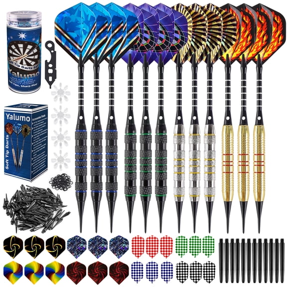 Yalumo Darts Plastic Tip Set for Electronic Dartboard, 12 Pcs 18 Grams Professional Soft Tip Darts with 12 Aluminum Shafts, 36 Flights, 50 Rubber O-Rings, 100 Replacement Tips & Storage Case