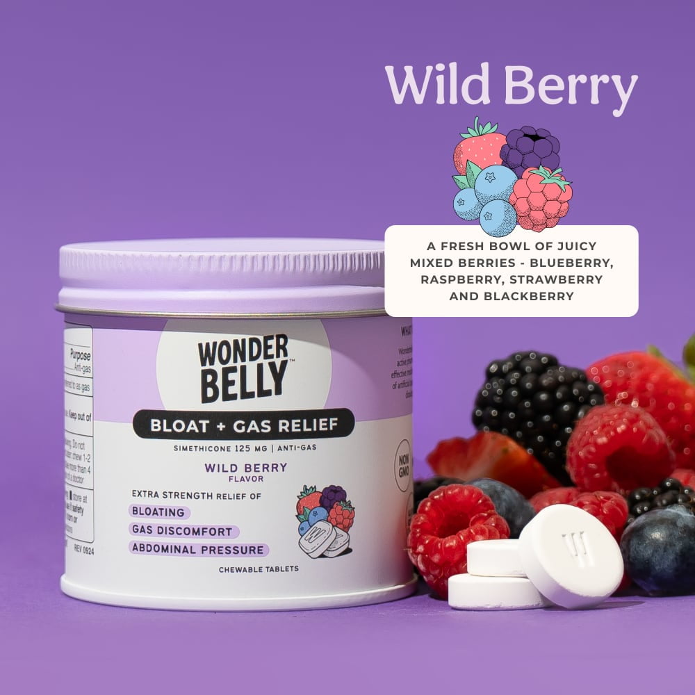 Wonderbelly Bloat and Gas Relief Chewable Tablets, Wild Berry Flavor, 125 mg, 35 Count
