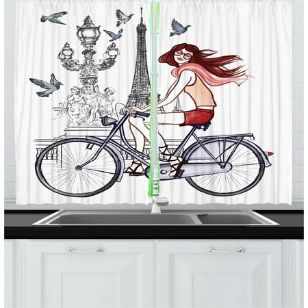 Bicycle Bridge For Windows 7 Eiffel Tower Curtains 2 Panels Set, Illustration of a Woman on Alexander III Bridge in Paris Riding a Bike, Window Drapes for Living Room Bedroom, 55W X 39L Inches, Grey Red Peach, by Ambesonne ()