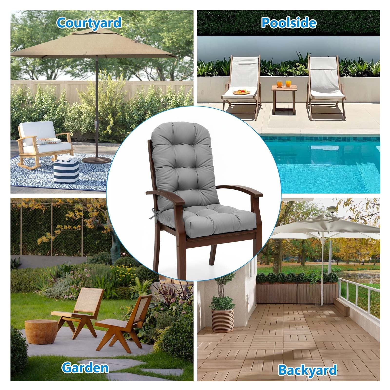 TOPCHANCES Outdoor Adirondack Chair Cushion with Ties, Water-Resistant Oxford Fabric High Back Rocking Chair Cushions (Light Gray)