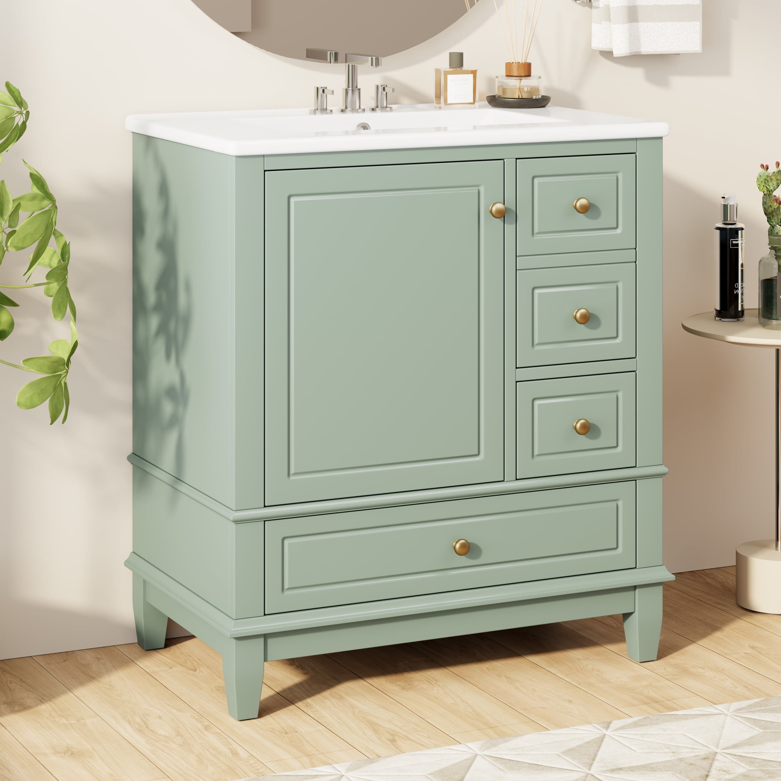 Euroco 30" Bathroom Vanity with Sink, One Door with Shelf and Three Drawers, Soft Close Door, Light Green