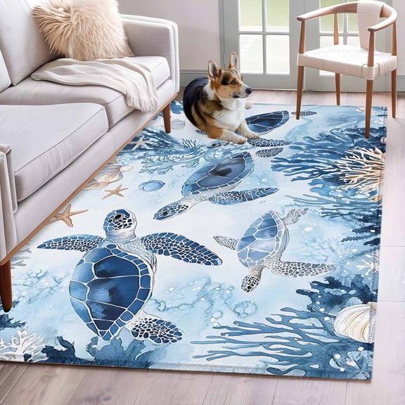 4'x6' Area Rugs, Blue Beach Coastal Indoor Outdoor Area Rug for Living Room Bedroom, Coral Nautical Sea Turtle Washable Bathroom Rugs Kitchen Floor Carpet Mats Home Decor Aesthetic