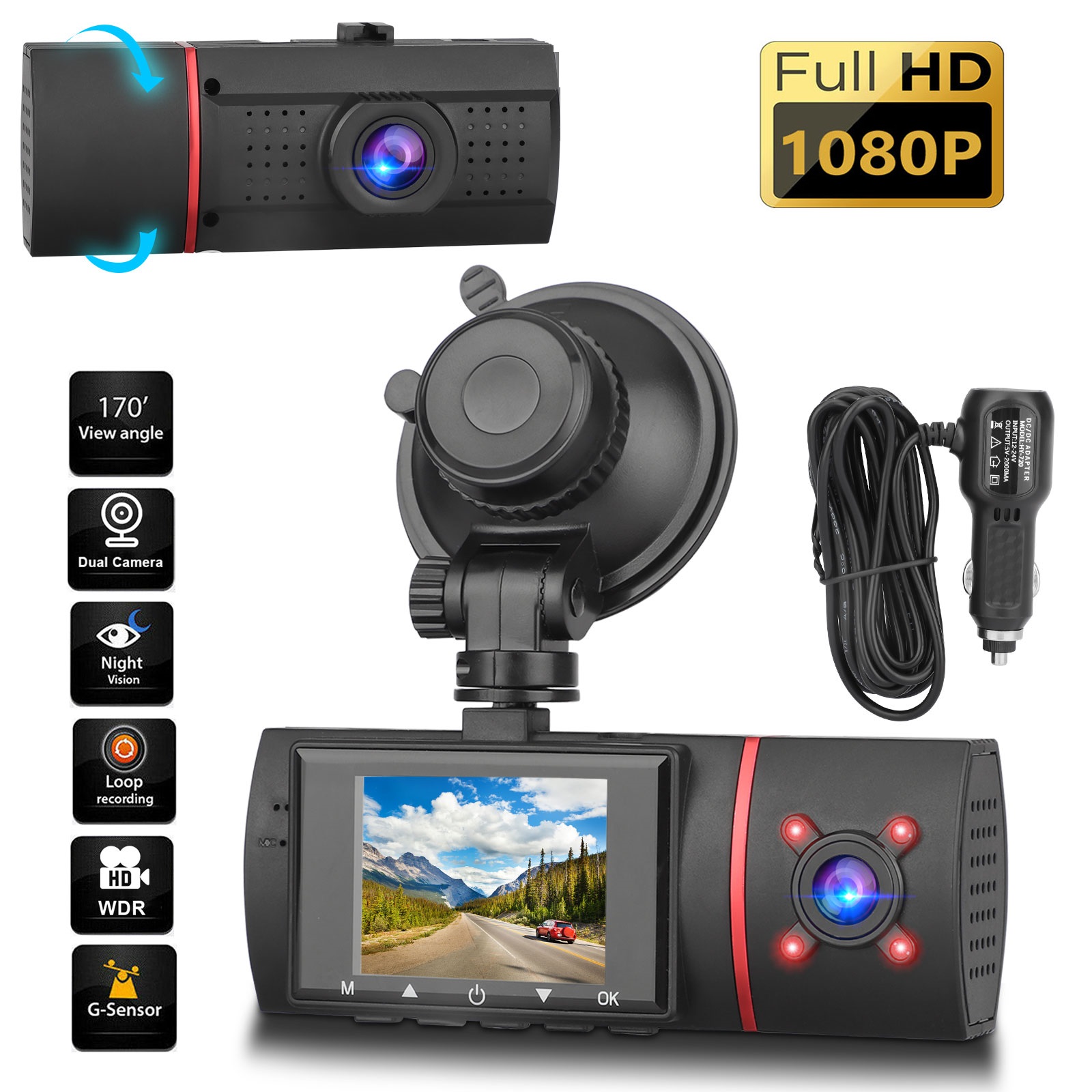 TSV Dual Car Camera, 1080P Car Dual Dash Cam Front Cabin Inside, 2" Car
