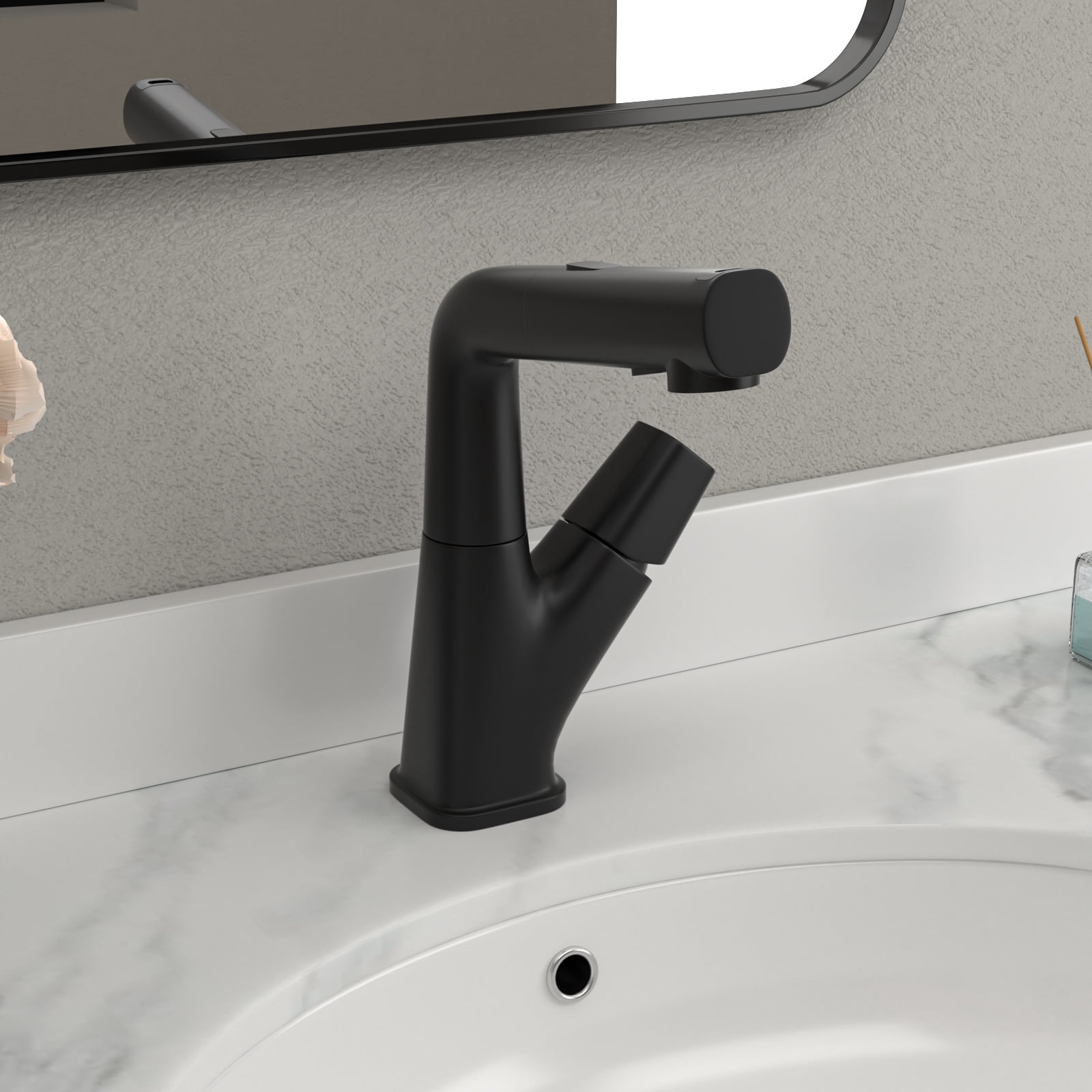 Logmey 19.5" Pull-Out Bathroom Faucet with Sprayer 360° Liftable Head BPA-Free Teeth & Pet Wash Matte Black LM-WAL-SLC2402-2-MB