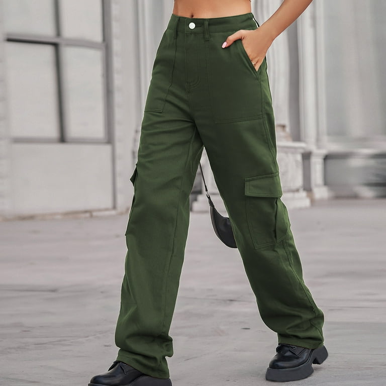 RQYYD Women's Cargo Pants High Waist Stretch Jeans Wide Leg Baggy Pockets  Solid Casual Lightweight Straight Y2K Pants(Army Green,L)