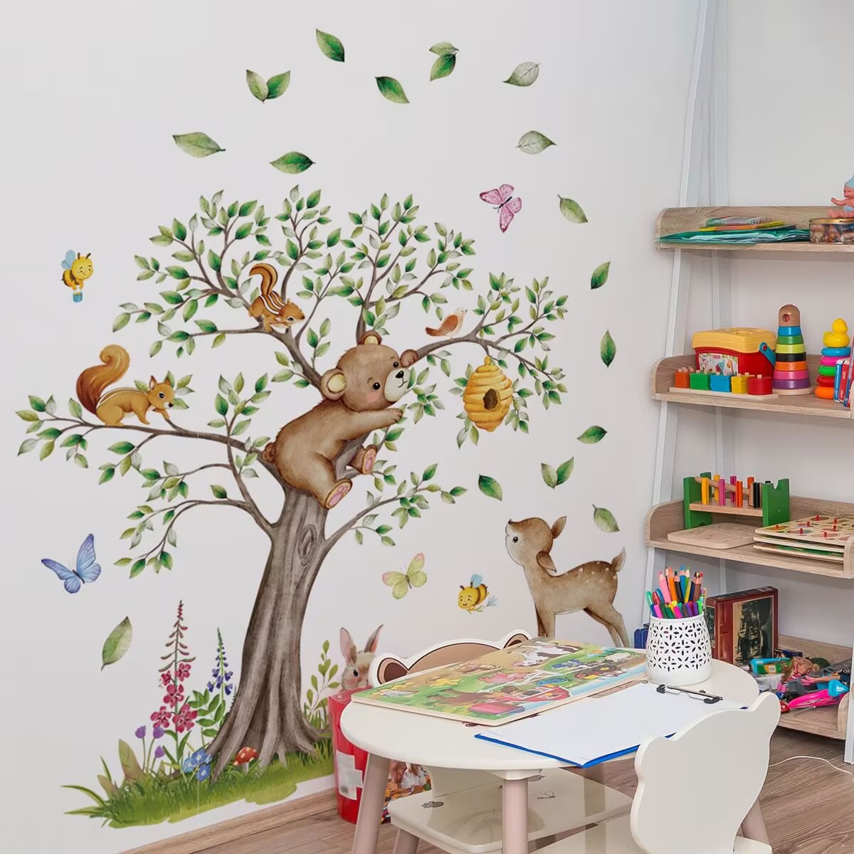 Woodland Animals Tree Wall Stickers DIY Giant Tree Wall Decals Deer Wall Stickers Peel and Stick Forest Wall Stickers for Baby Nursery Kids Bedroom Toddler Room Wall Decor