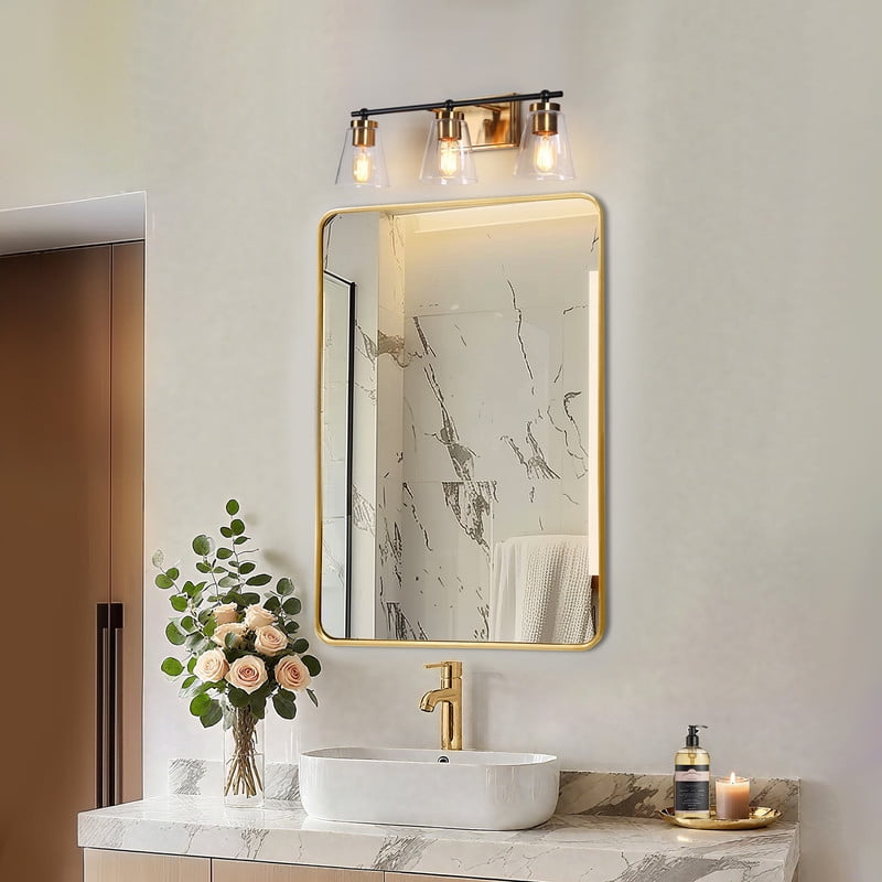 LNC 3-Light Bathroom Vanity Light with Seeded Glass Shades,Modern Black and Gold Finishes