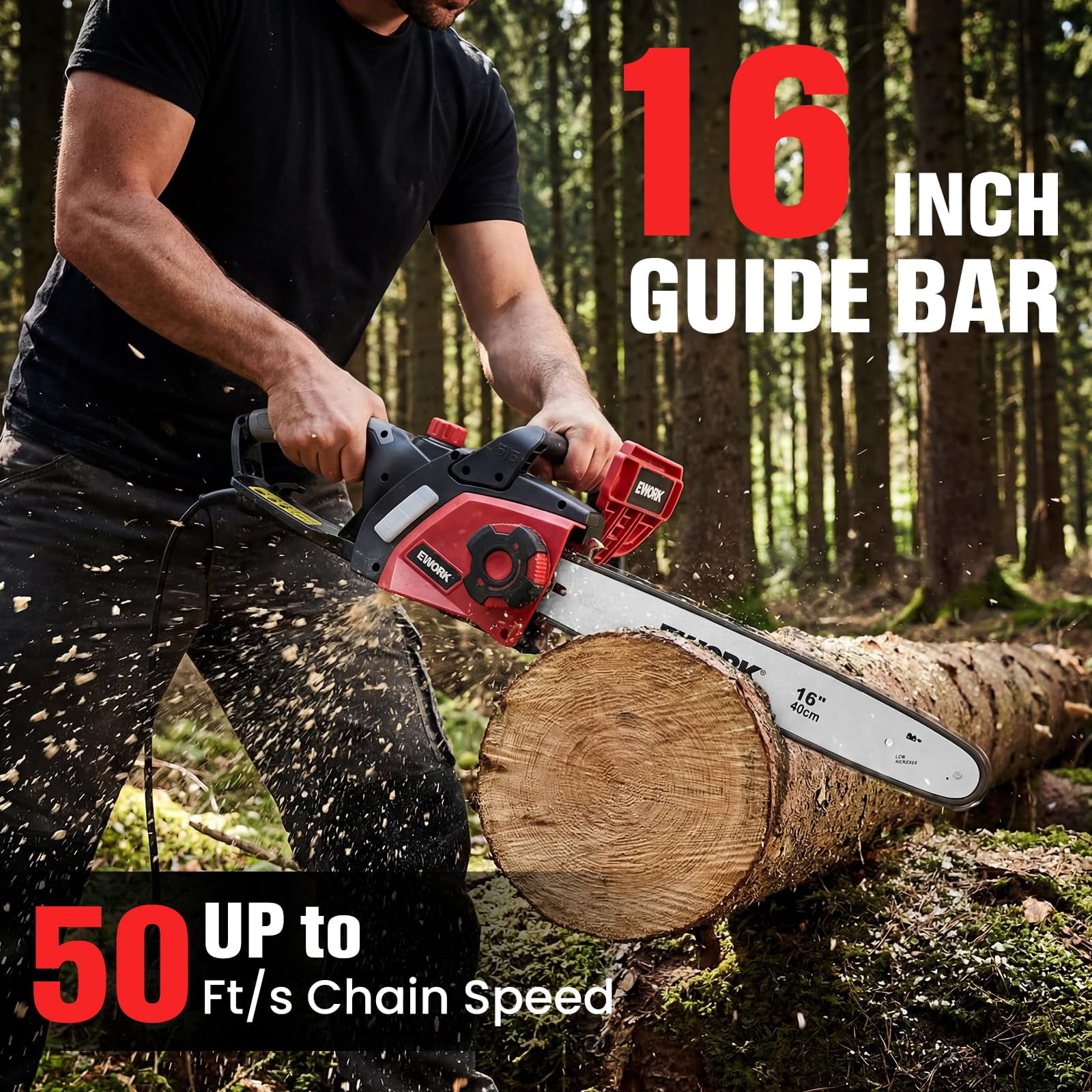EWORK Electric Chainsaw Corded 16-Inch 15 Amp Electric Chain Saws, Corded Chainsaw with Tool-Free Chain Tension, Auto Oiling, Low Kickback, Electric Chainsaw for Tree Cutting, Pruning, Firewood