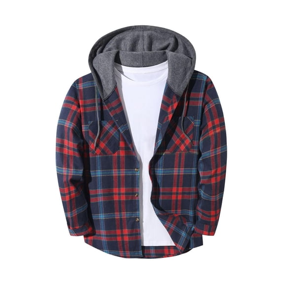 Men's Lightweight Jackets Ndbuld Men's Fashion Hooded Checkered Sportswear Casual Long Sleeved Hooded Cardigan Men Navy,XL