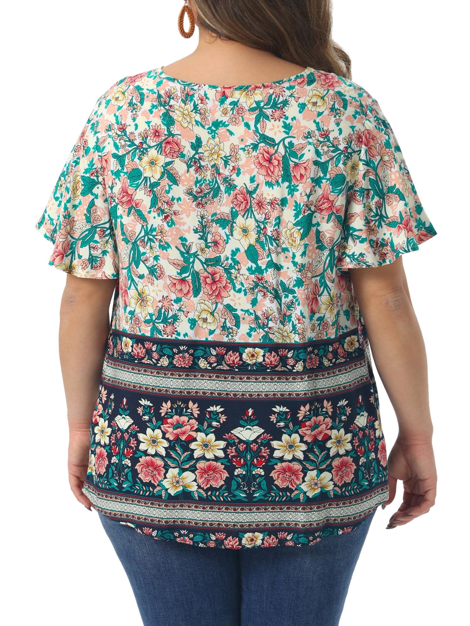 Women's Plus Women's Keyhole Ruffle Short Sleeve Boho Floral Blouse 1X Beige