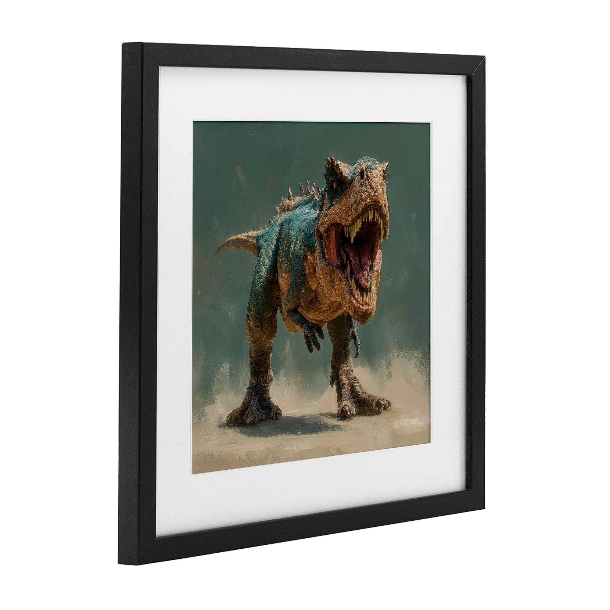 Stupell Industries Roaring T-Rex in Green Black Framed Print Under Glass, design by Wumples