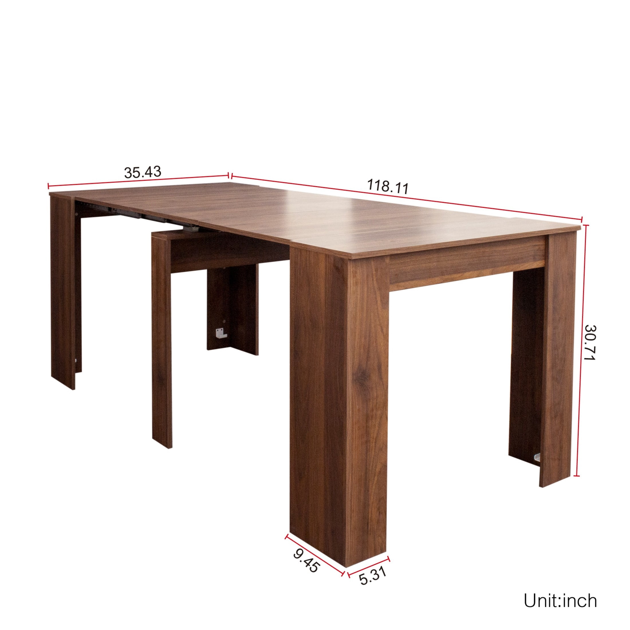Noble House Kirk 118.1" Extendable Console Dining Table, MDF and Chipboard, Modern Space-Saving Leaf System, Walnut
