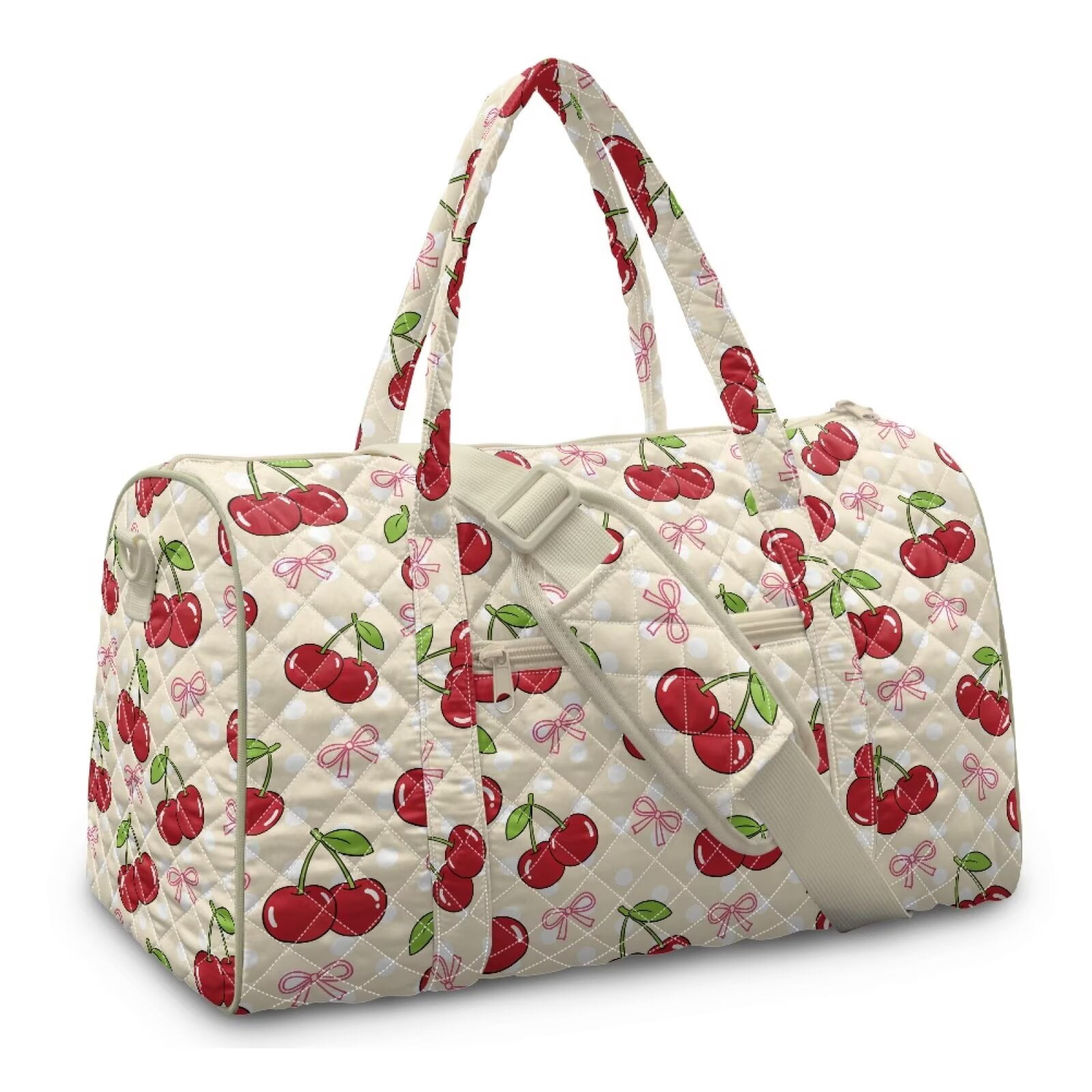 Garronmavis Cherry Print Quilted Duffle Bag for Women Large Weekender Travel Bag Cute Gym Dance Overnight Carry On Tote with Zipper Pockets Luggage Sleeve