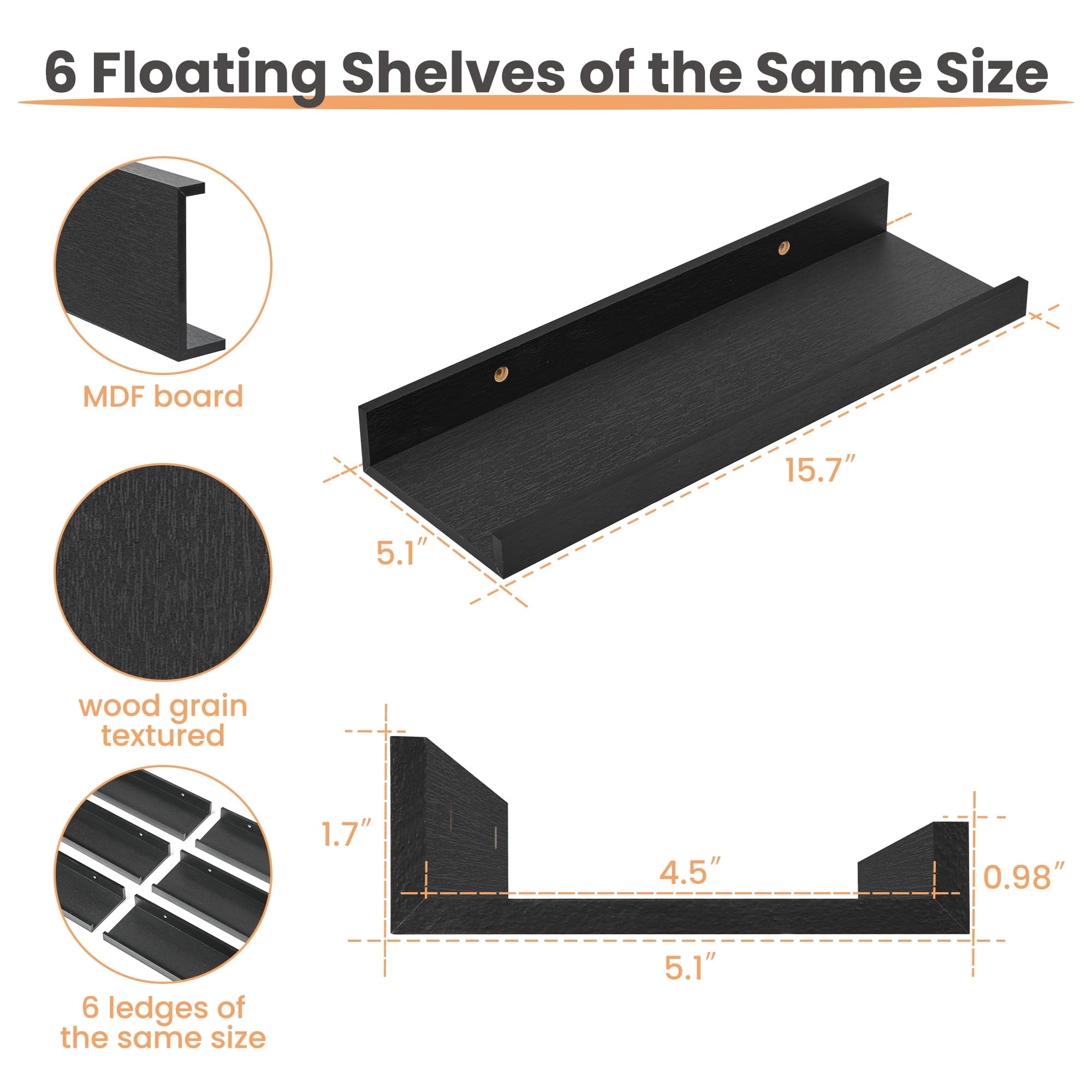 Floating Shelves for Wall, Wall Shelves for Decor Storage Set of 6, Wall Mounted Wood Shelf for Bedroom, Living Room, Bathroom, Kitchen, Picture Ledge Shelf