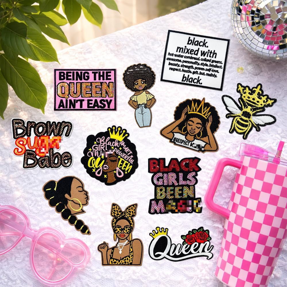 Sequin Black Girl Iron On Patches, Queen Embroidered Patch for Clothes, Women Applique for Backpacks, Hats, Jeans, Jackets - 11PCS