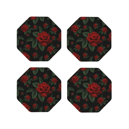 

Drink Coasters Set of 4 Roses Leather Coasters for Coffee Table Protector Heat Resistant Cute Coasters for Home Decor Housewarming Gifts Bar Kitchen 4 Inch Octagon