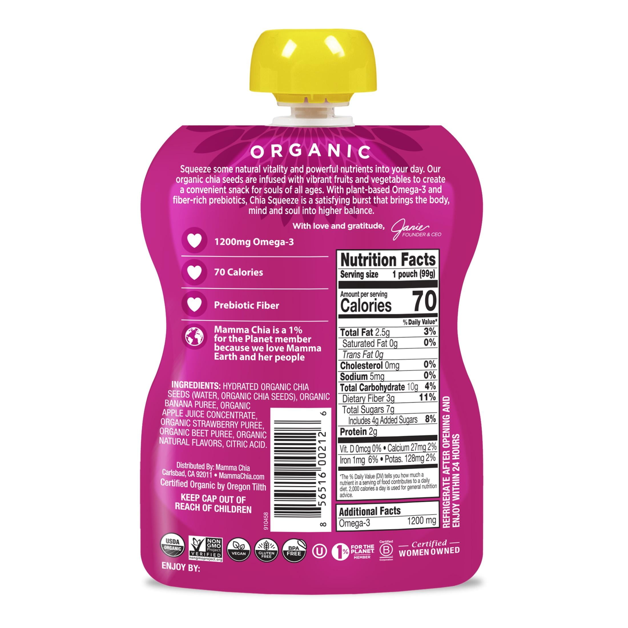 Mamma Chia Organic, Strawberry Banana Chia Squeeze, 3.5 oz, 24 count Pouches 6 boxes of 4