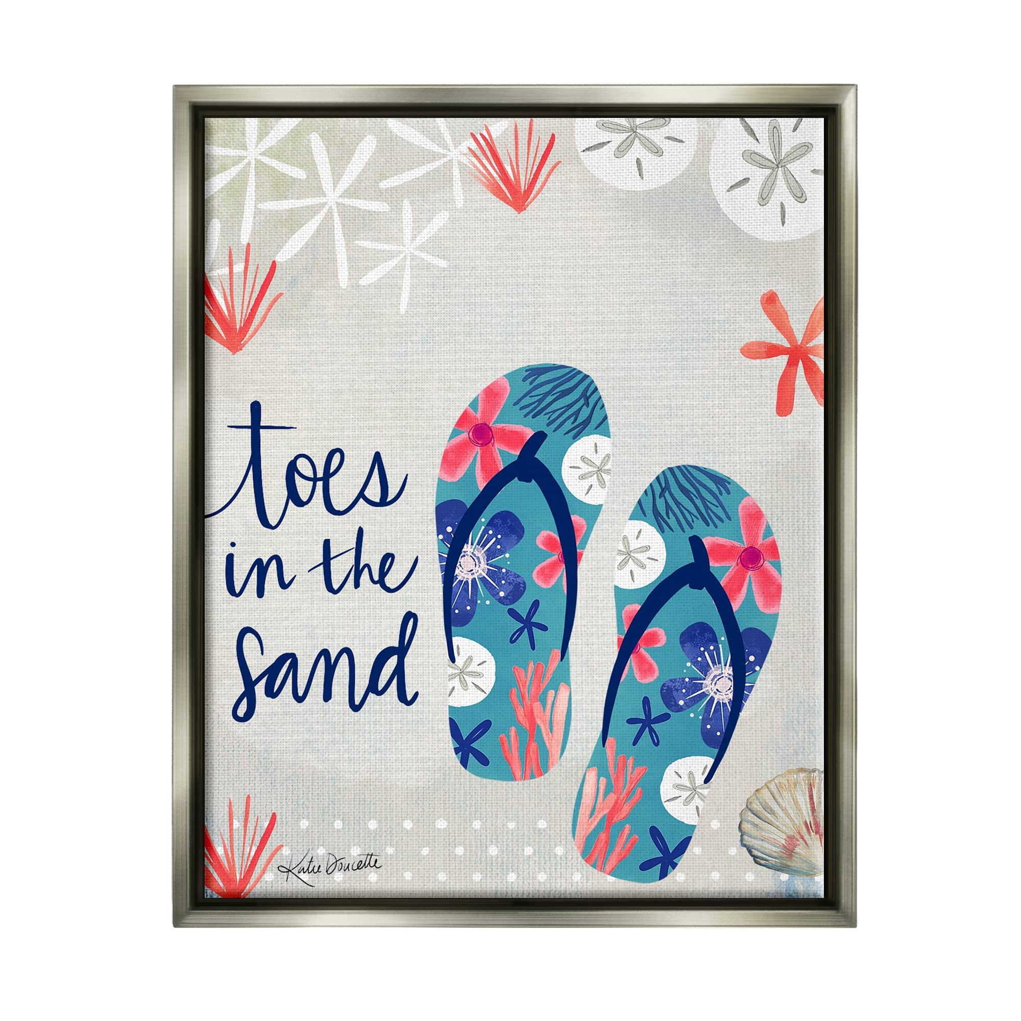 Stupell Industries Toes In Sand Varied Beach Botanical Patterned Flip-Flops Graphic Art Luster Gray Floating Framed Canvas Print Wall Art, Design by Katie Doucette