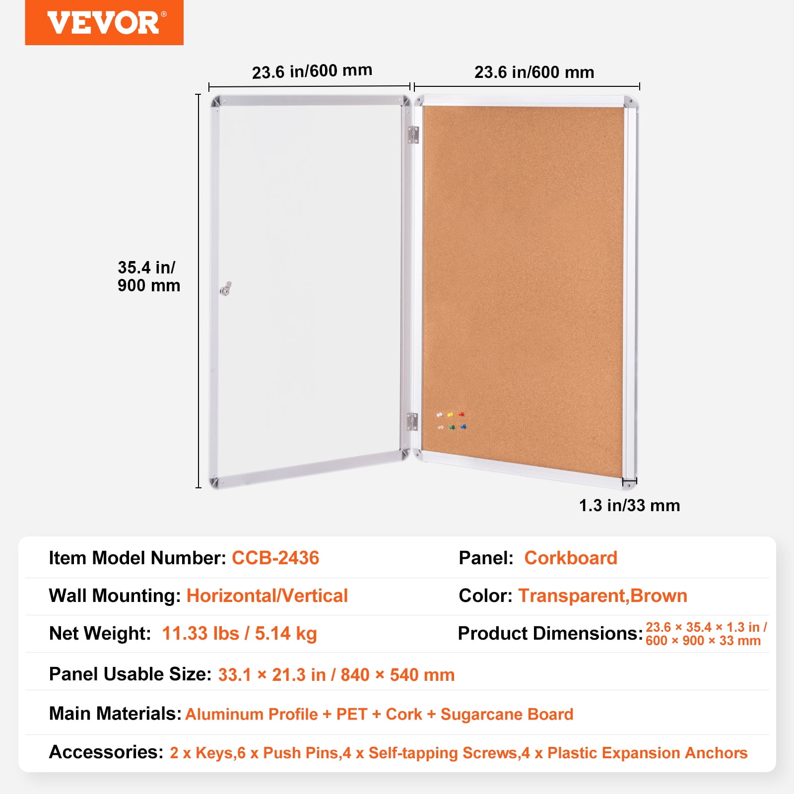 VEVOR 36"x24" Enclosed Cork Board with Aluminum Frame – Lockable Bulletin Board with Acrylic Door & 2 Keys – Weather-Resistant Wall Display Case for School, Home, Office