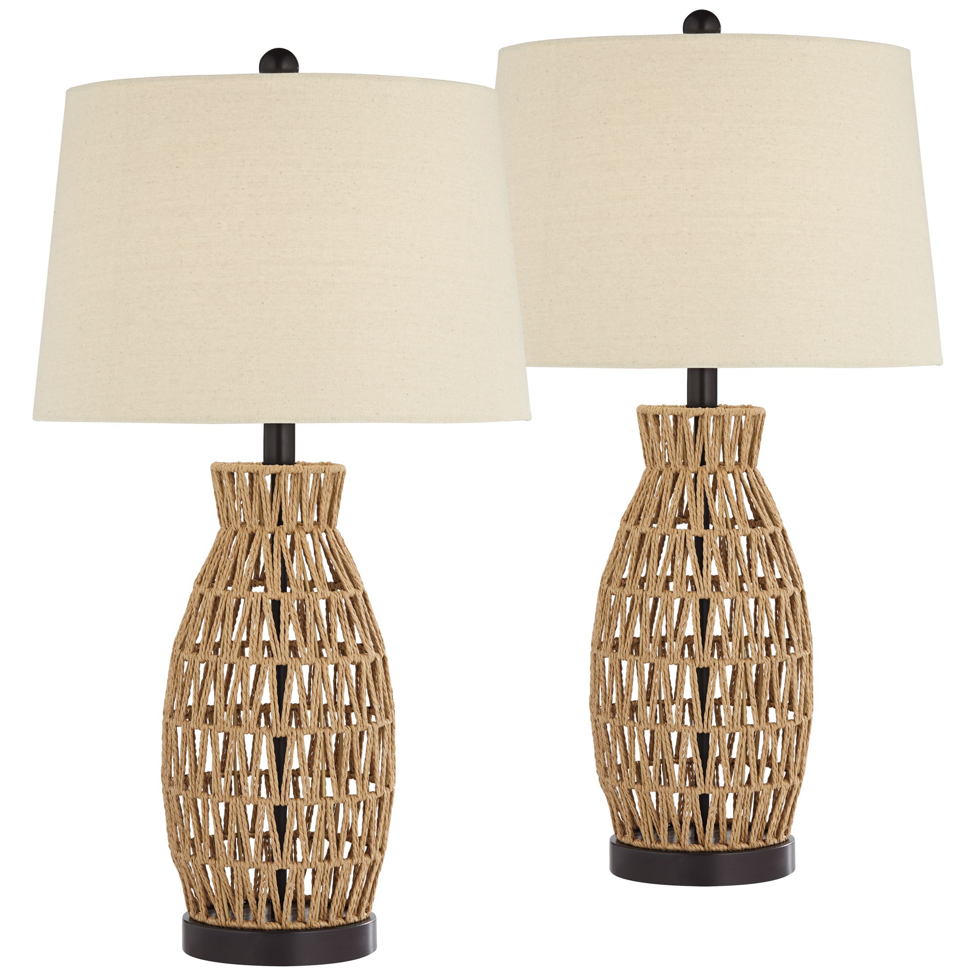 360 Lighting San Carlos Coastal Modern Table Lamps 29" Tall Set of 2 Natural Rattan Wicker Oatmeal Fabric Drum Shade for Bedroom Living Room Bedside