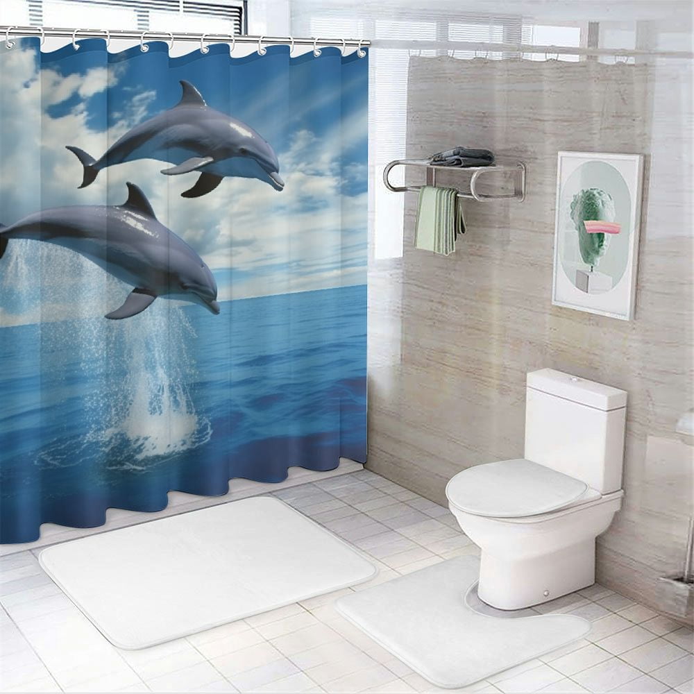 PRATYUS Dolphins Ocean Rayonism Printed Shower Curtain Decor 100% Polyester Chic Modern Bathroom Decor with Hooks Home Bathtubs Bathroom Curtain Decoration 69x72
