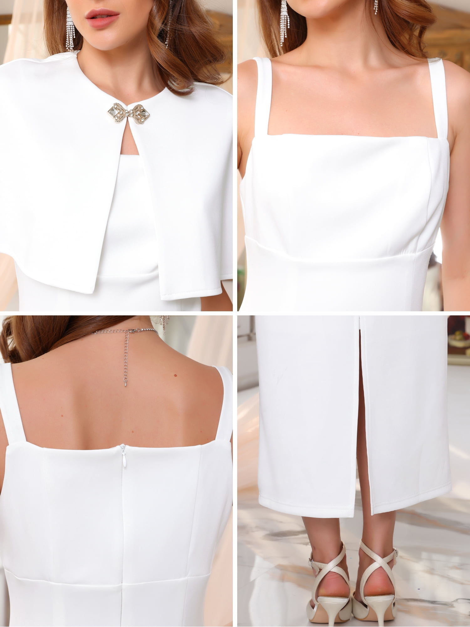 DARING DIVA Women's Cocktail Wedding Guest Dress with Cape L White
