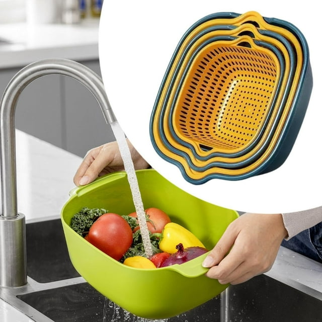 Drain Rack Kitchen Draining Organizer 2-in-1 Washing Bowl and Strainer for Fruit and Vegetable Prep 3 Set Double Layer Holder 6PCS