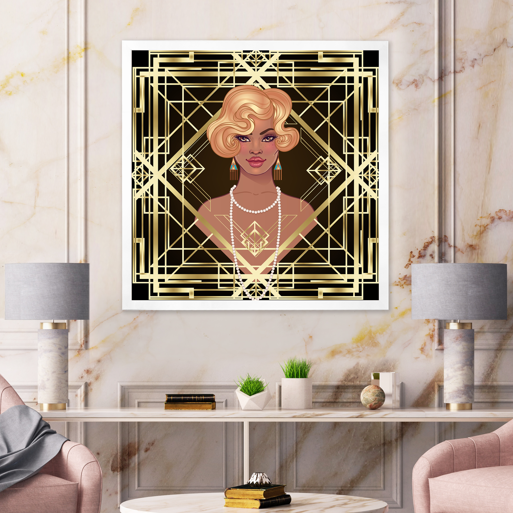Designart 'Retro Girl In Golden Art Deco Geometrics III' Modern Framed Art Print