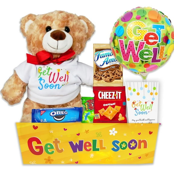 GET WELL GIFT BASKET, care package, w/Teddy Bear & Balloon, Candy & Snacks, greeting card for a sick kid. Recovery gift for a child boy or girl, Feel better soon for home or hospital