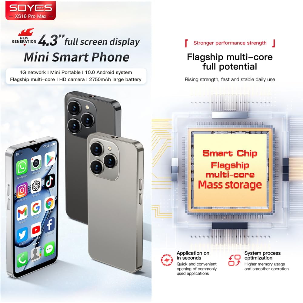 Mini Smartphone 4G Unlocked SOYES XS18 Pro Max 4.3‘’ HD Small Mobile Phones for Students 2750mAh 13MP Android 10.0 Facial Recognition OTG Bluetooth Tiny Cellphone