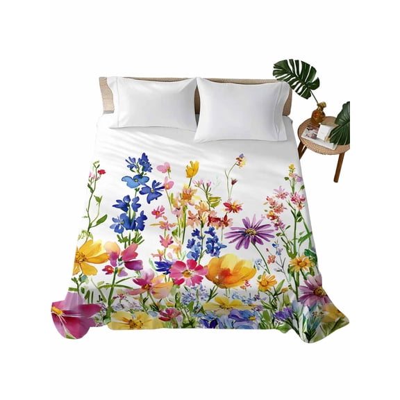 Twin Size Flat Sheet Only, Spring Floral Soft Brushed Microfiber Bed Sheets, Summer Watercolor Botanical Colorful Hotel Quality Breathable Bedding Top Sheet, Easy Care, 66"x96"