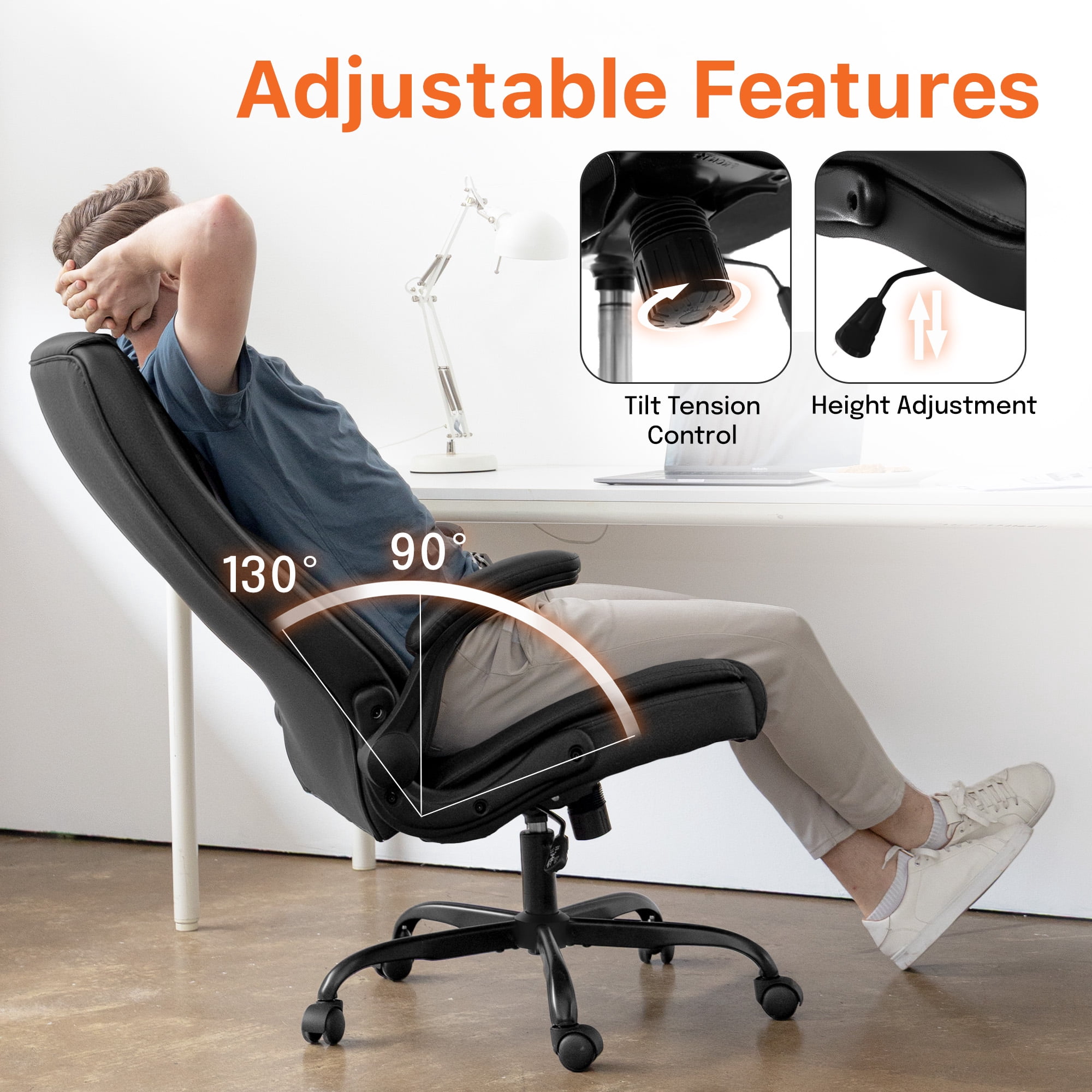 NEO CHAIR Ergonomic Office Desk Gaming Computer Chair Executive High Back Support Flip-up Arms Adjustable Height Swivel Rolling Wheels Comfy PU Leather for Home (Dark Black)