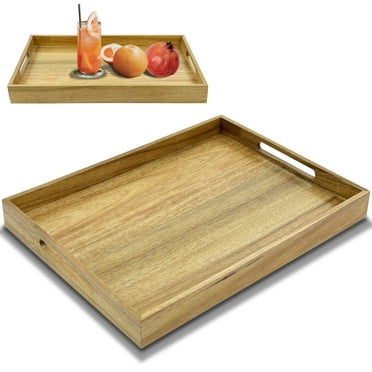 Acacia Wood Serving Tray with Handles (17 Inches) – Decorative Serving Trays Platter for Breakfast in Bed, Lunch, Dinner, Appetizers, Patio, Ottoman, Coffee Table, BBQ, Party –Great for Lap &Couch