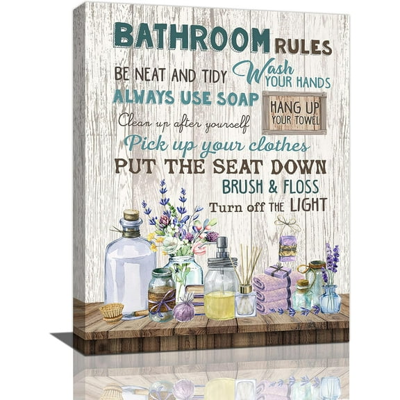 Purple Bathroom Decor Wall Art Rustic Bathroom Rules Pictures for Wall Farmhouse Bathroom Canvas Prints Country Bathroom Painting Modern Home Artwork for Bathroom 12"x16"