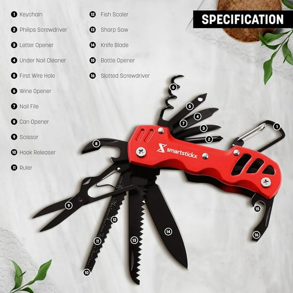 DASAW-16-in-1 Pocket Army Knife multitool MilitaryGrade Steel: Swiss Style Multi Functional Small Folding Knife, Survival Tools with Keychain, Wine/Bottle Opener, Scissors, Saw, Screwdrivers