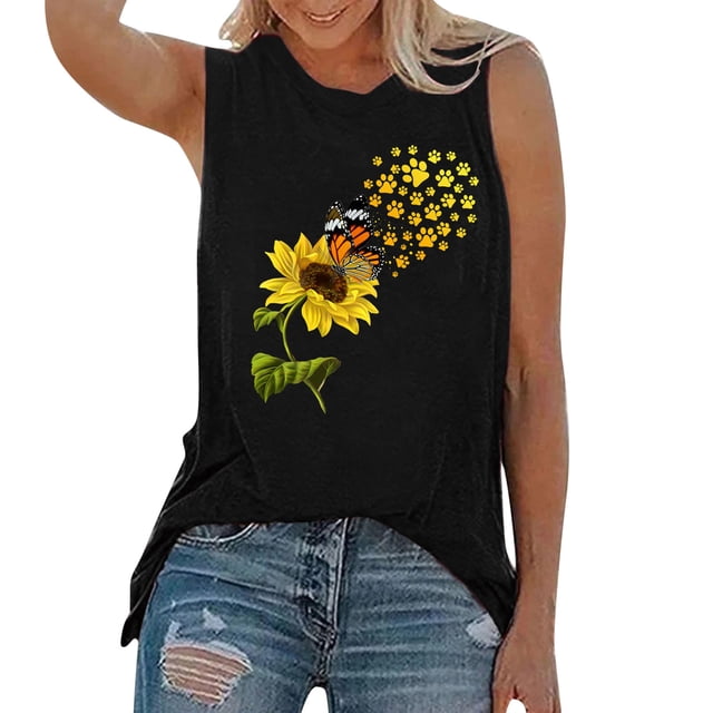 Mujeres camisetas sin mangas Dressy Casual Camiseta sin mangas Camiseta sin mangas con cuello redondo Chaleco estampado Blusa Tops Top Casual Blusa de mujer (Black, XL)