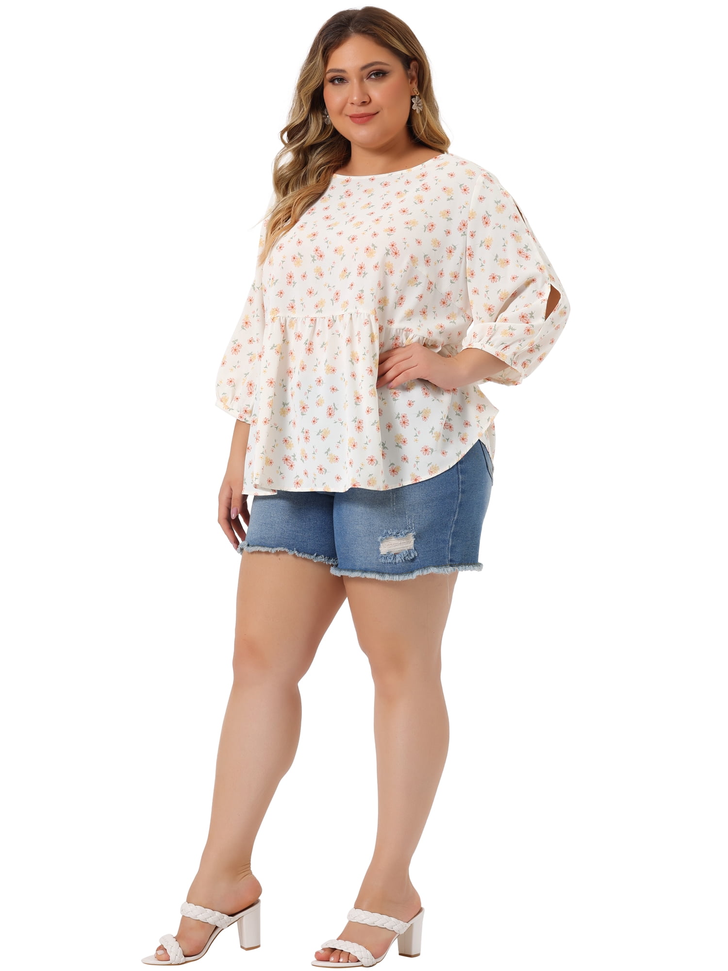 Unique Bargains Women's Plus Size Top 3/4 Sleeve Cut Out Floral Blouses 2X White Red