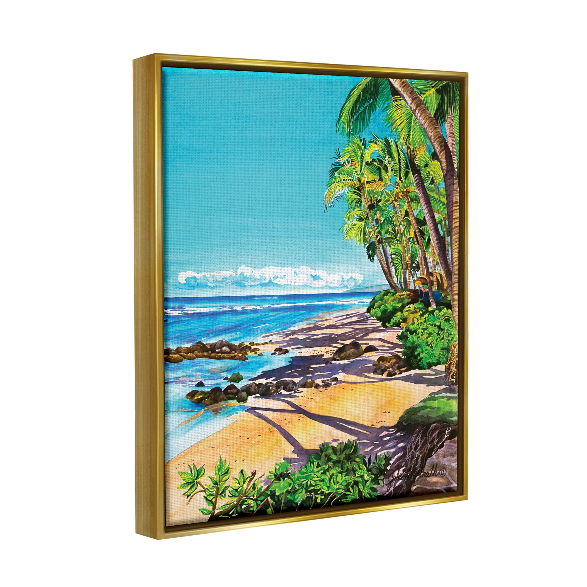 Stupell Industries Tropical Shore Landscape Nature Painting Gold Floater Framed Art Print Wall Art, 25 x 31