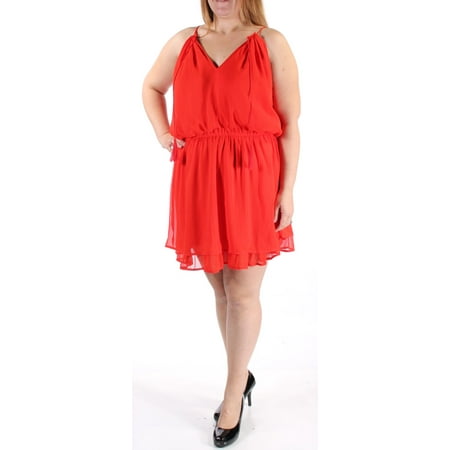 DISNEY Womens Orange Ruffled Spaghetti Strap V Neck Above The Knee Blouson Dress  Size: XS