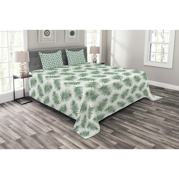 Green Bedspread Set King Size, Watercolor Art Style Palm Leaves