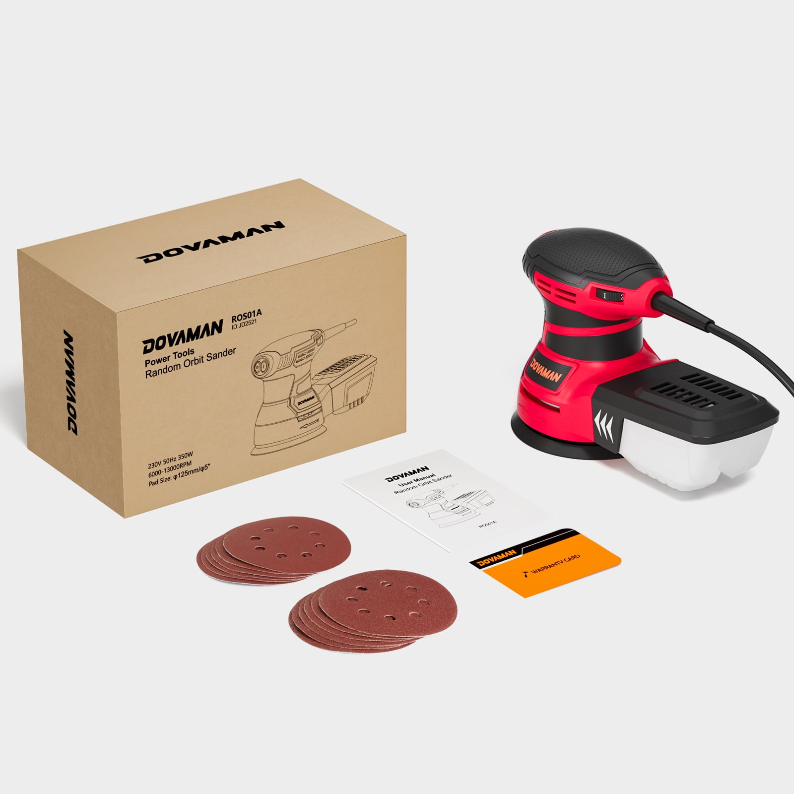 DOVAMAN 3A Orbital Sander, 6-Speed Random Orbit Sander, 13000 RPM, 5" Sanding Pad, Dust Collection, 12 Sandpapers Included, Ideal for Woodworking - ROS01A