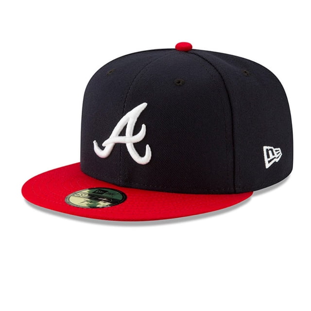 gorra new era 59fifty 7 atlanta braves authentic collection 70361069 gorra rígida 59FIFTY en vista frontal 3/4, copa negra de seis paneles con ojales cosidos y visera plana roja; logo 'A' en relieve blanco bordado al frente, bordado New Era en el lateral y material 100% poliéster; también adecuada para coleccionistas y uso casual.