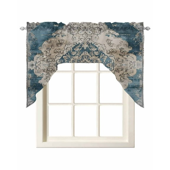 Blue Gray Boho Flower Kitchen Swag Valances for Windows, Vintage National Floral Swag Valances Curtains for Living Room, Rod Pocket Window Treatments for Bathroom, Bedroom, Cafe, 56"x36"