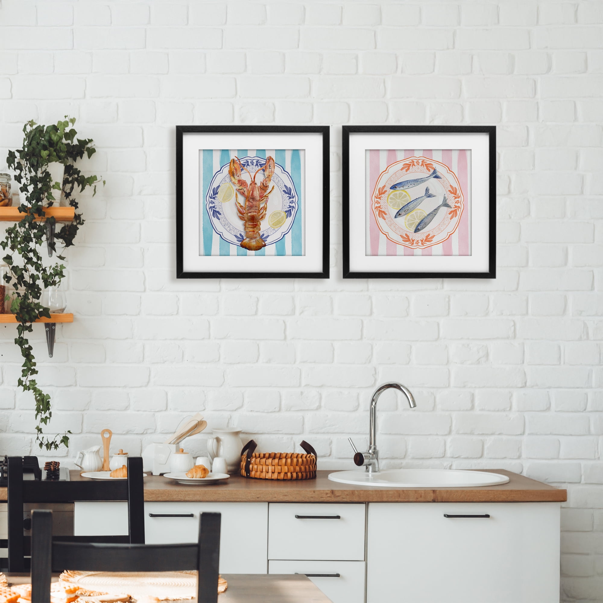 Stupell Industries Lobster & Sardines Plates 2 Piece Black Framed Print Under Glass Set, design by Christie Adams