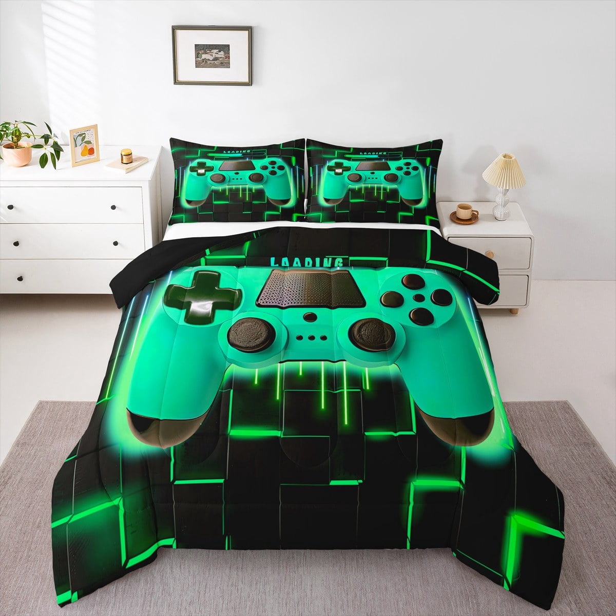 Green Gaming Full Size Comforter Sets - Gamer Comforter Full Size Bedding Set, Neon Lights Abstract Geometry Design Gamer Room Decor