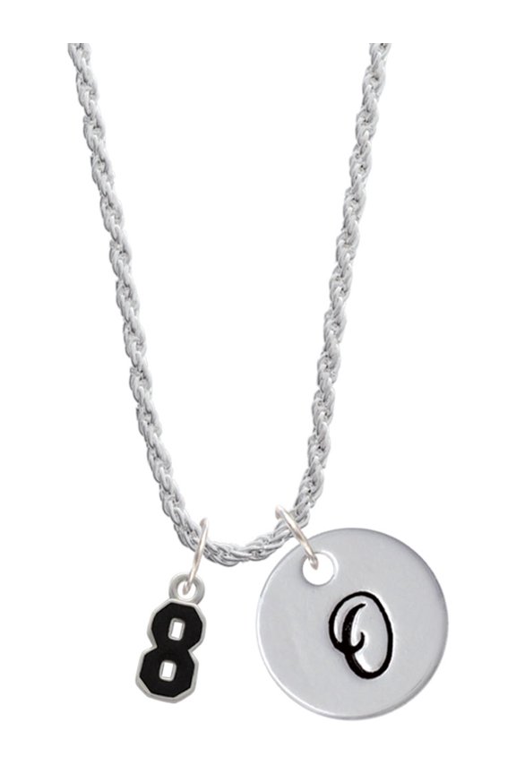 Silvertone Black Number - 8 Silvertone Script Initial Disc - O - Charm Necklace, 20"+3"