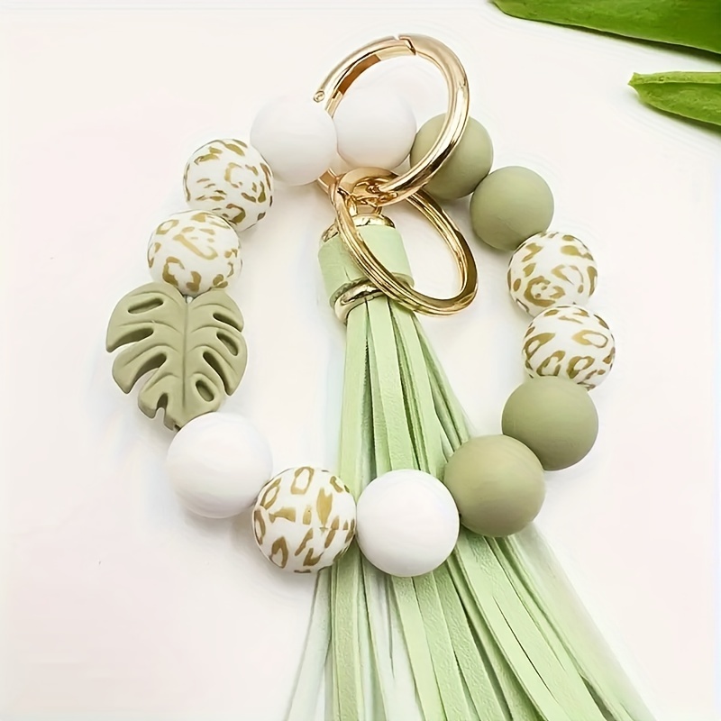Silicone bead keychain with tassel and maple leaf pendant, stylish keychain bracelet, cool summer style, women's keychain,Light green