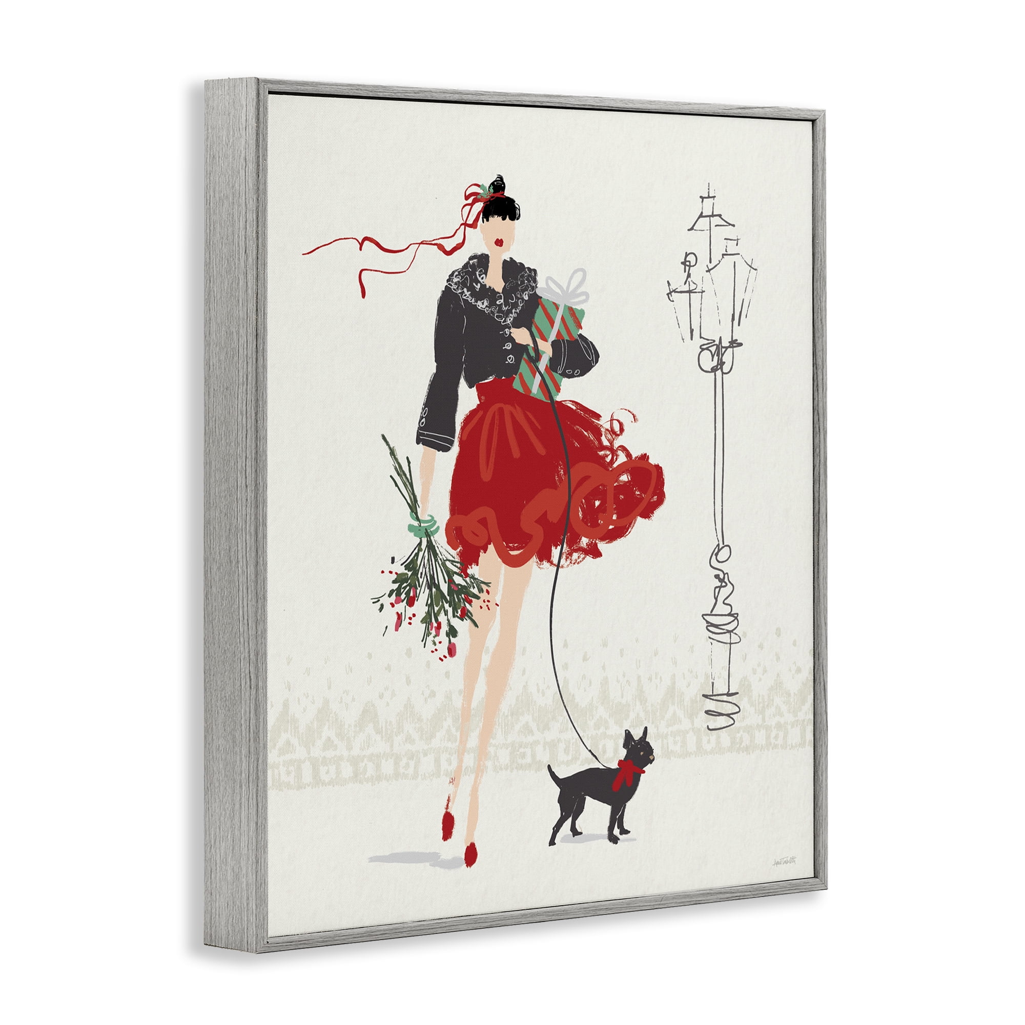 Stupell Industries Holiday Fashionista Girl Holiday Painting Gray Framed Art Prints Wall Art, 11 x 14